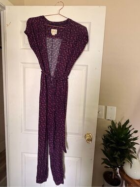 Anthropologie Maeve Short Sleeve Purple Printed Jumpsuit Romper